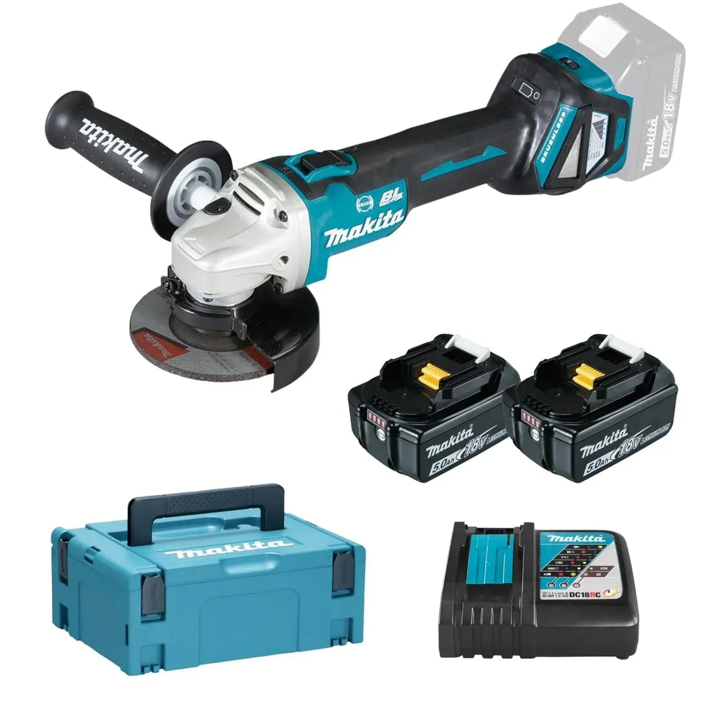 Meuleuse d'angle sans fil 18V 125mm avec deux batteries 5.0Ah et coffret MAKPAC